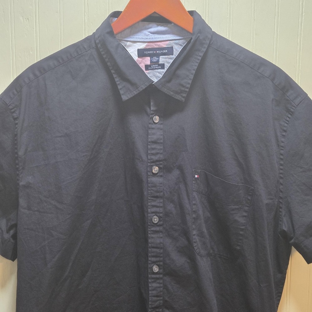 Tommy Hilfiger Shirt Mens 2XL‎ Black Solid Short Sleeve Button Up Slim Fit